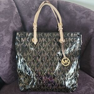 SOLD-Michael Kors Monogram Black and Tan Patent Tote